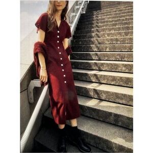 Madewell Kathy Jimay Crinkle Short Sleeve Button Midi Dress Cabernet Red Size 4